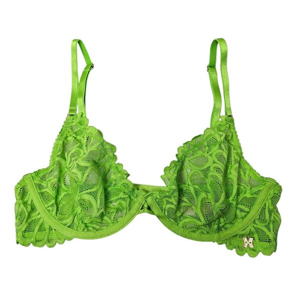 Savage X Fenty Size 34C Neon Green Bra Scalloped Lace Unlined Sheer Underwire - Picture 1 of 7